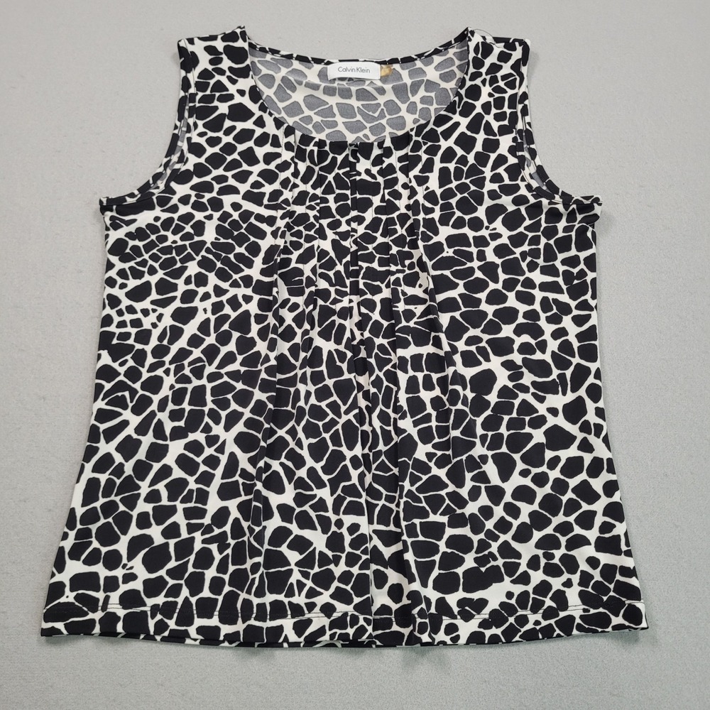 Calvin Klein Womens Black White Giraffe Print Pleated Tank Top Sleeveless Blouse